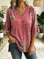 Women's Floral Art Print V-Neck Tassels Cotton Top