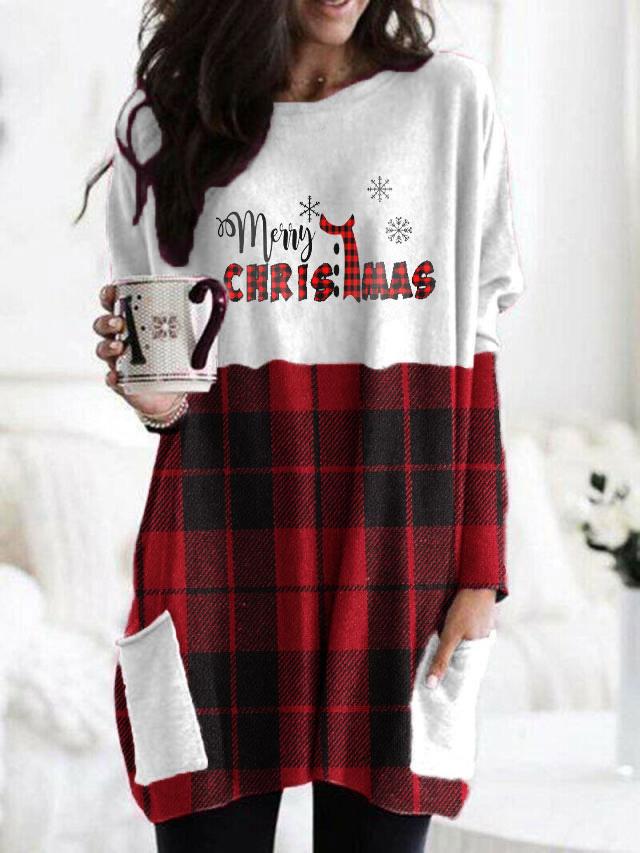 Merry Christmas Check Color Block Pocket Top