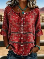 Vintage Ethnic Print Round Neck 3/4 Sleeve Blouse