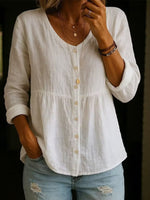 Women's Casual Solid Color V-Neck Long Sleeve Cotton and Linen Button Top