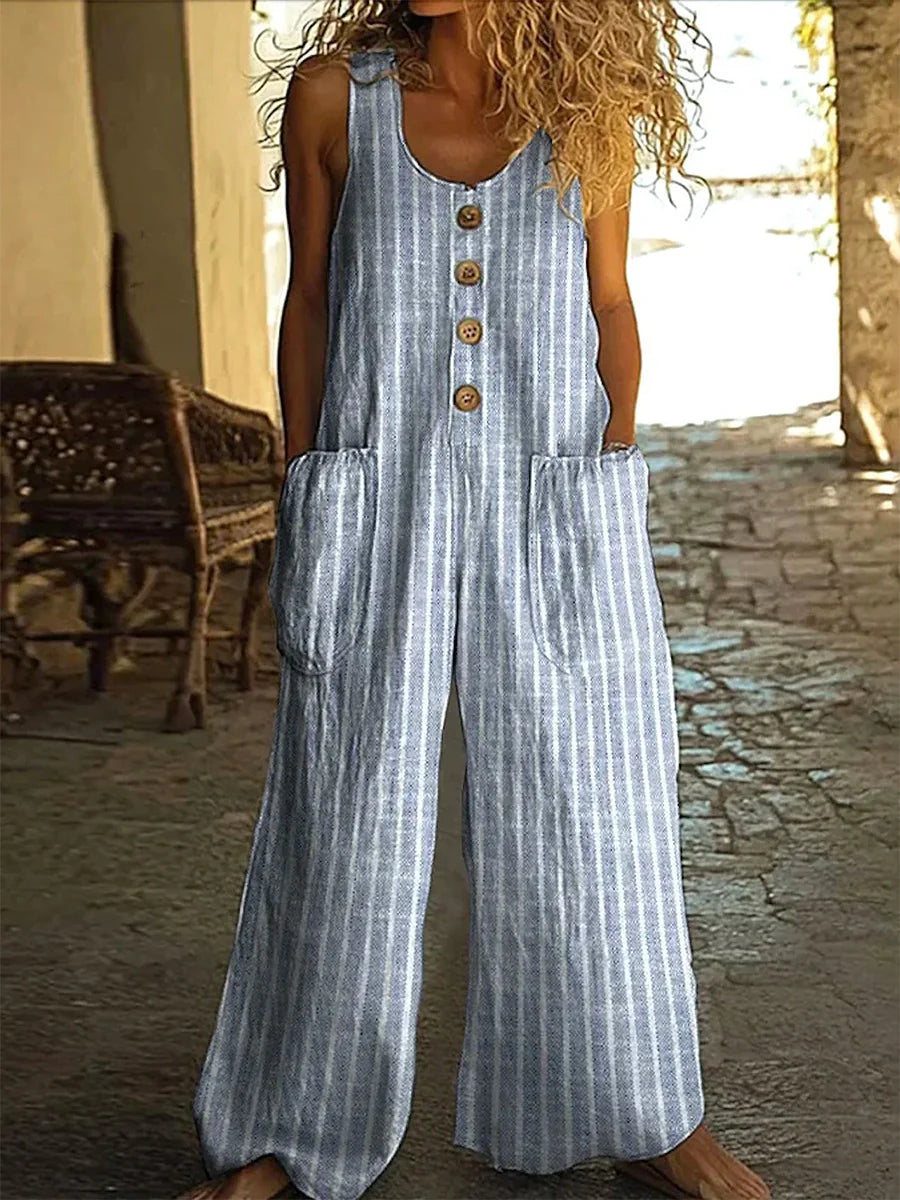 Striped Sleeveless Button-Front Wide Leg Jumpsuit with Pockets