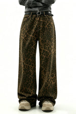 Women's Brown Leopard Print Mid Waist Wide Leg Jeans