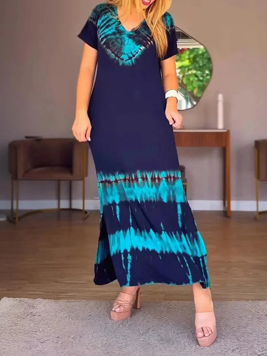 Navy V-neck Short Sleeve Tie Dye Maxi Dress