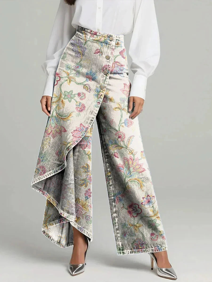 Women's Vintage Floral Print High-waisted Wide-leg Jeans
