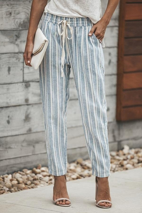 Stripe Print Casual with Pockets Elastic Waist Pants