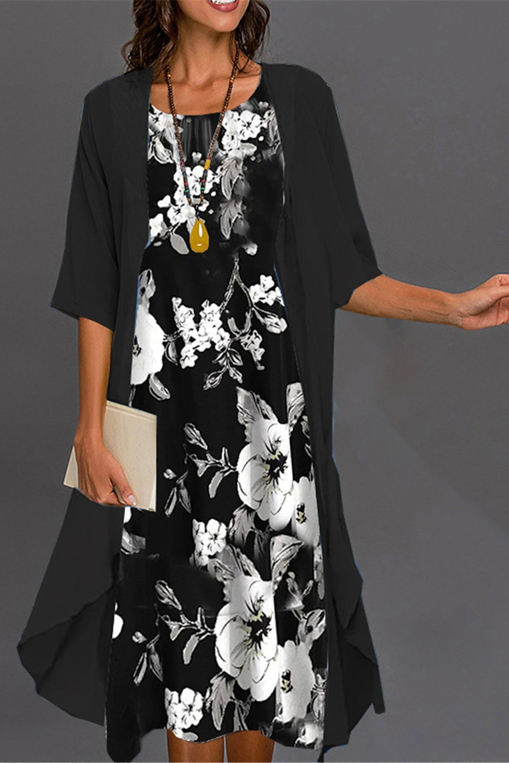 Crew Neck Half Sleeve Floral Two Piece Jacket Midi Dress