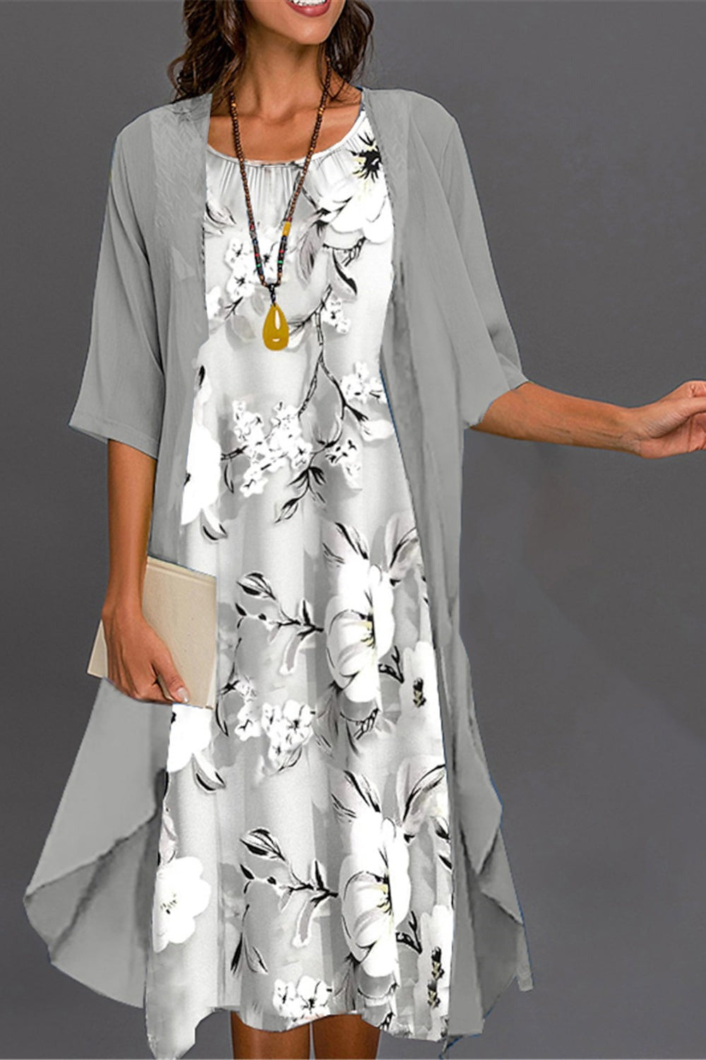 Crew Neck Half Sleeve Floral Two Piece Jacket Midi Dress