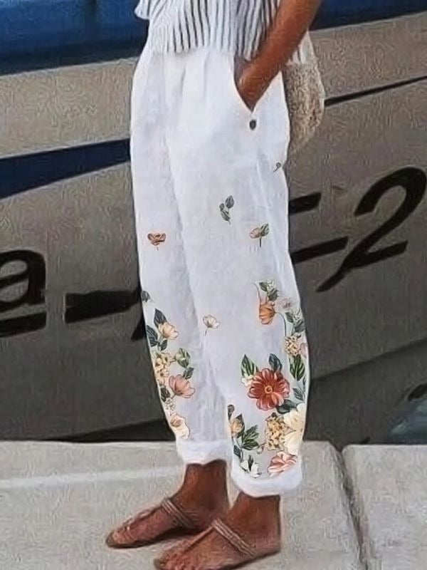 Floral Print with Pockets Elastic Waist Pants