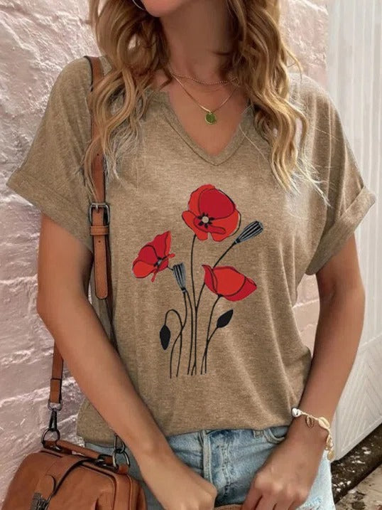 Casual V-Neck Floral Printed Short Sleeve Blouse