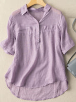 Solid Color Stand Collar Short Sleeve Lightweight Casual Loose Blouse