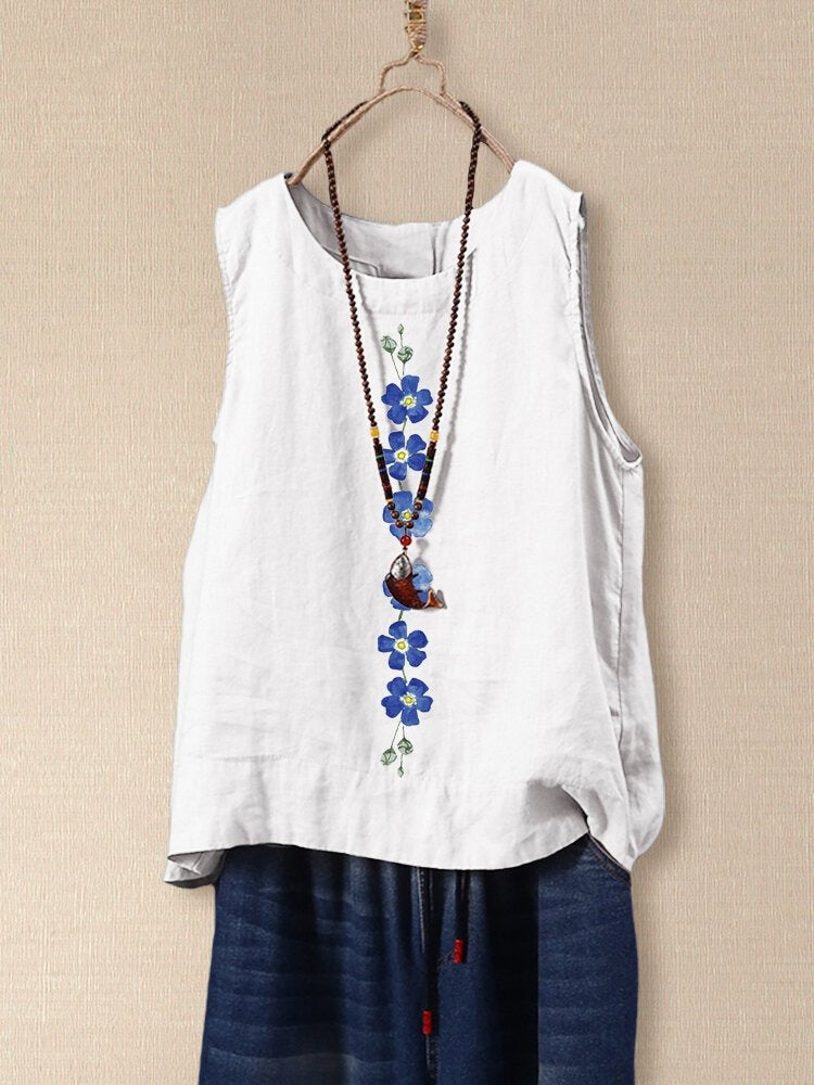 Flower Pattern Crew Neck Sleeveless Loose Casual Tank Top