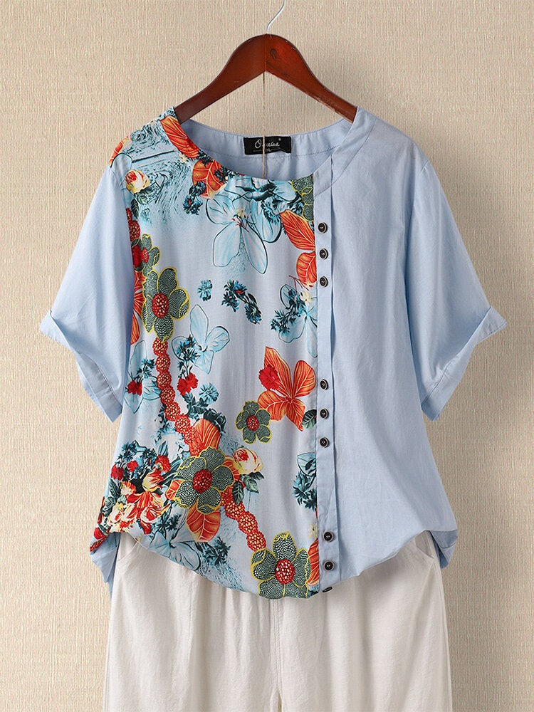 Floral Print Buttons Crew Neck Short Sleeve Casual Daily Blouse