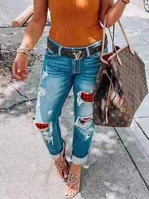 Casual Plaid Printed Jeans