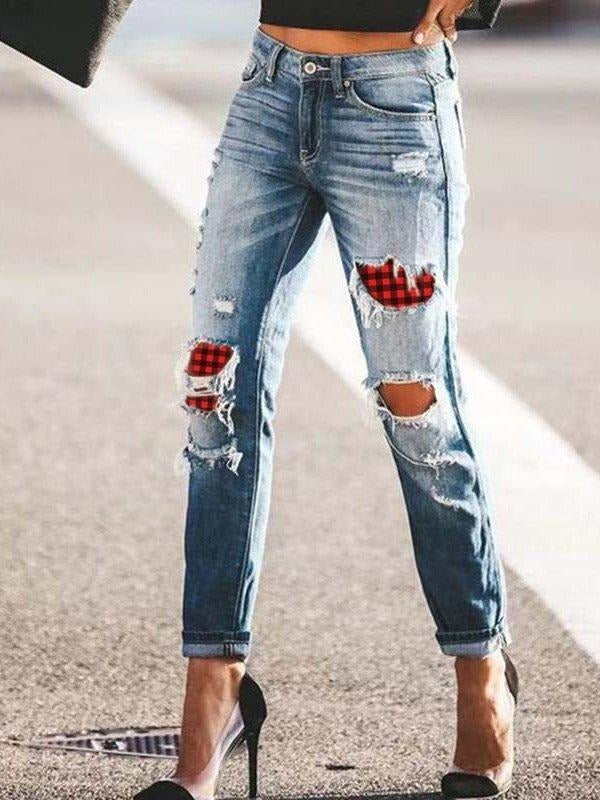 Casual Plaid Printed Jeans
