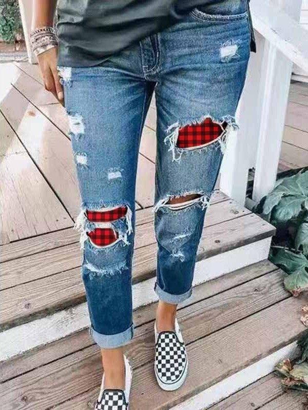 Casual Plaid Printed Jeans
