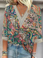 Vintage V-neck 3/4 Sleeve Blouse
