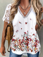 Floral Print Lace Edge V-neck Hollow Out Short Sleeve Casual Blouse