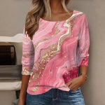 Fantasy Gradient Marble Print Round Neck Long Sleeve Casual Blouse