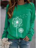 Green Dandelion Print Round Neck Long Sleeve Casual Loose Sweatshirts