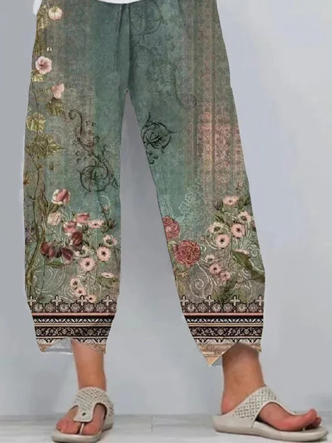 Casual Floral Print Loose Elastic Waist Daily Pants