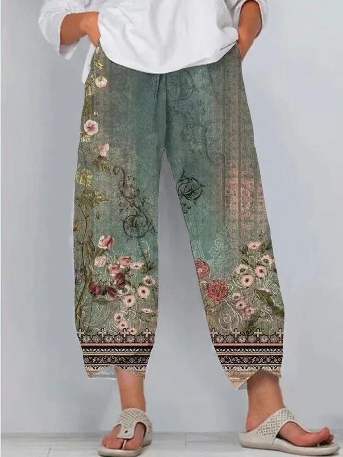 Casual Floral Print Loose Elastic Waist Daily Pants