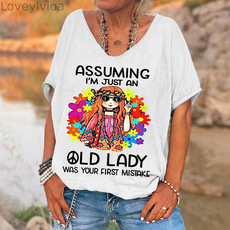 Women Hippie Graphic V Neck Short Sleeve Funny Letter Casual T Shirt