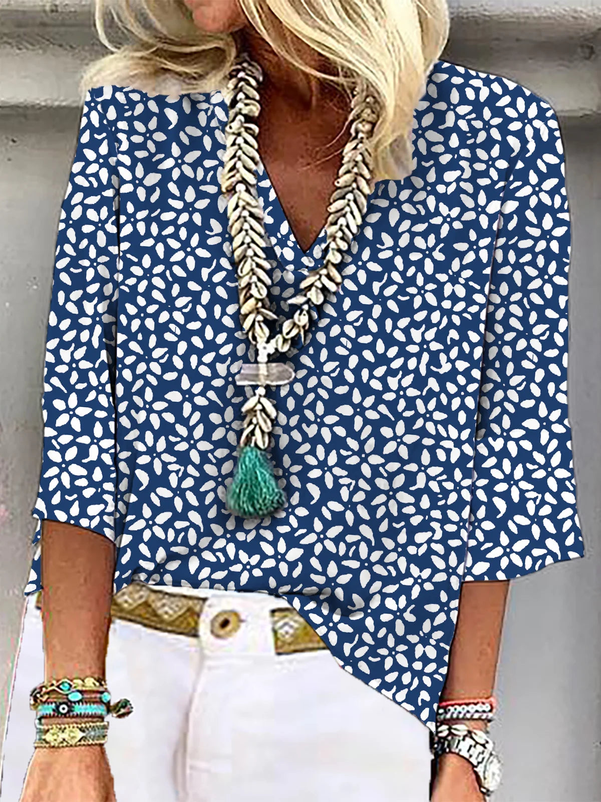 Floral V Neck Three Quarter Sleeve Blouse