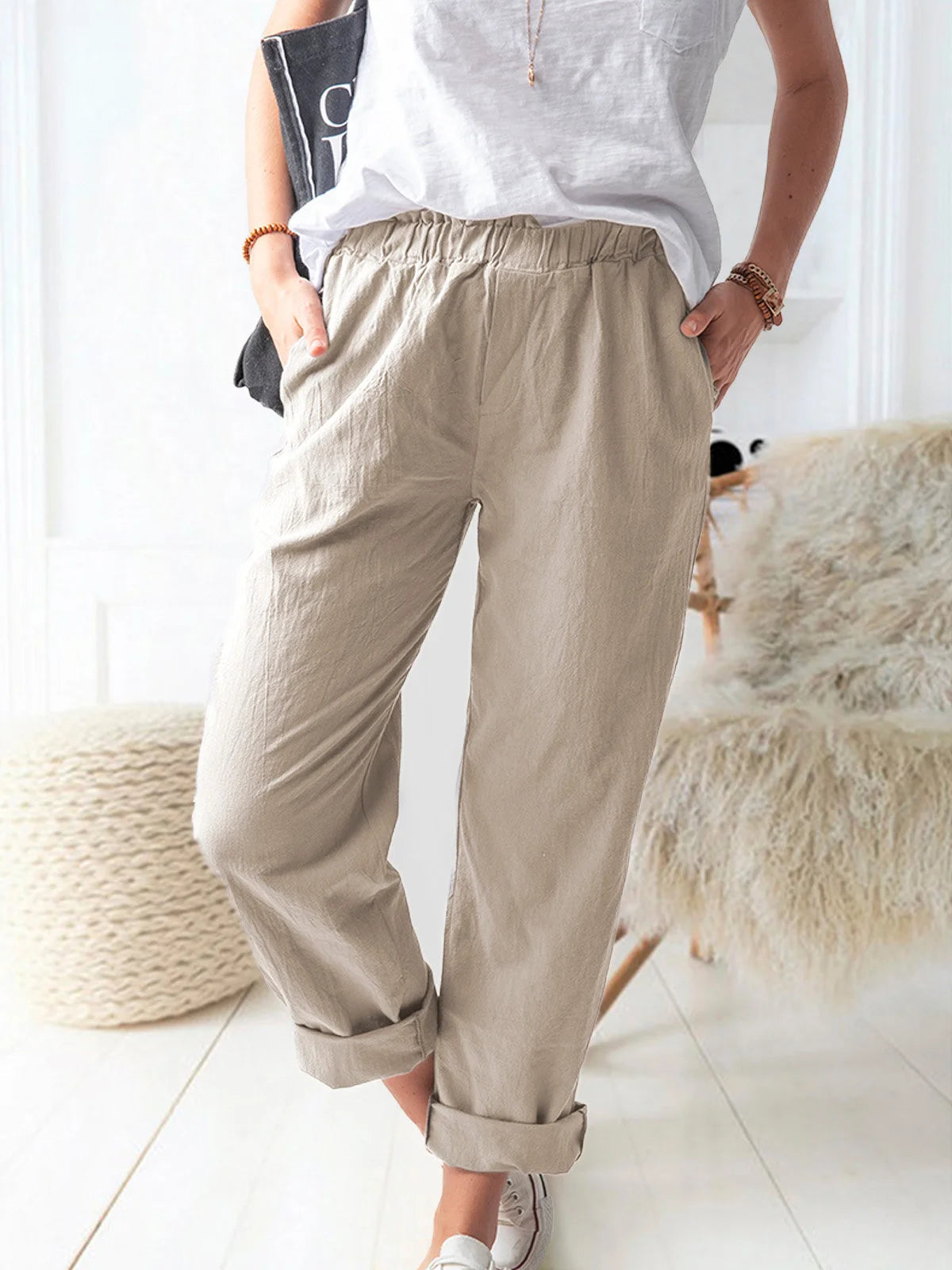 Elastic Waist Cotton Linen Loose Turnip Pants