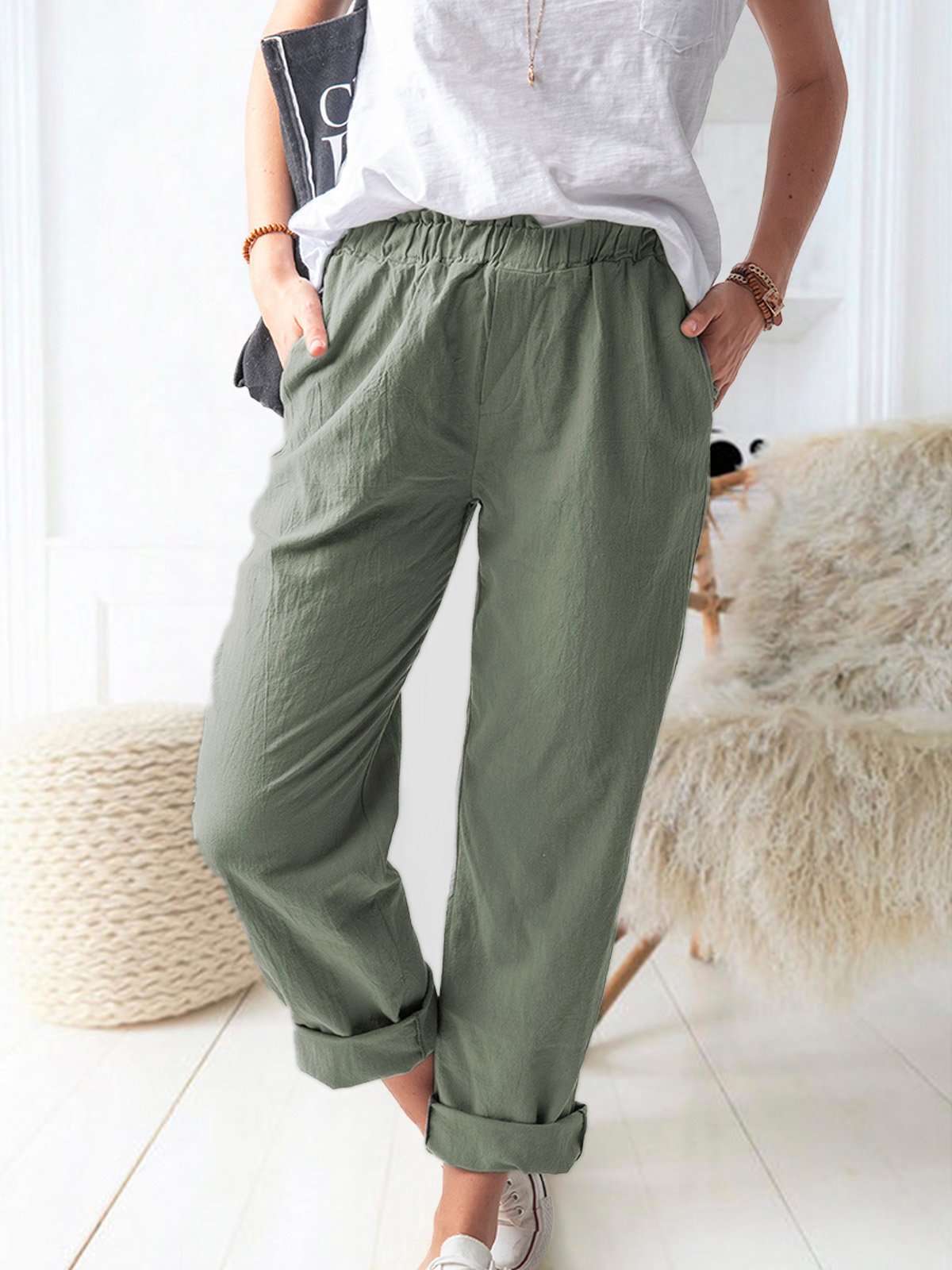 Elastic Waist Cotton Linen Loose Turnip Pants