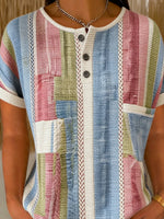 Color Block Geometric Striped Short Sleeve Button Top
