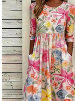Floral Crew Neck Half Sleeve A-Line Maxi Dress