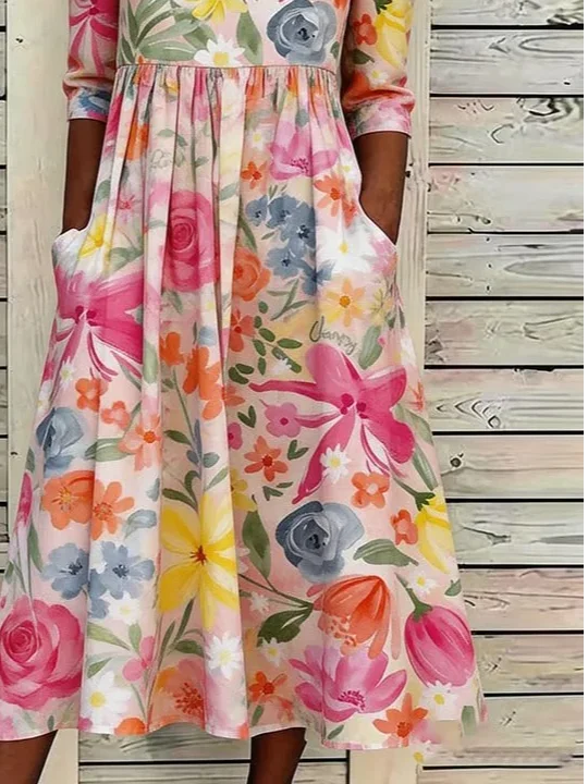 Floral Crew Neck Half Sleeve A-Line Maxi Dress