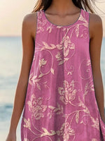Plant Leaf Print Sleeveless Crew Neck A-Line Midi Dress