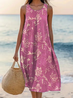 Plant Leaf Print Sleeveless Crew Neck A-Line Midi Dress