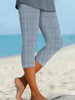 Striped Print Elastic Waist H-Line Capri Leggings
