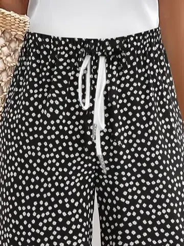 Polka Dot Floral Drawstring Waist Straight Capri Pants
