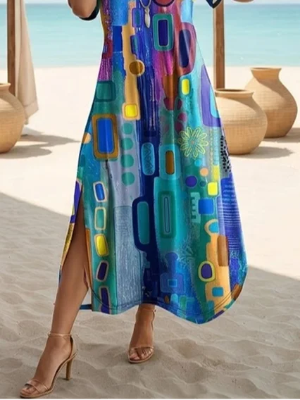 Abstract Geometric Print Crew Neck Short Sleeve Regular Fit H-Line Maxi T-Shirt Dress