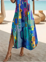 Abstract Geometric Print Crew Neck Short Sleeve Regular Fit H-Line Maxi T-Shirt Dress