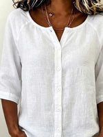 Plain Crew Neck Half Sleeve Button Down Loose Casual Blouse