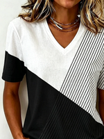 Color Block Striped Geometric V Neck Short Sleeve Loose Jersey T-Shirt