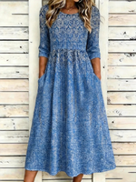 Gradient Geometric Print Round Neck Half Sleeve Loose High Waist A-Line Cotton Blend Maxi Dress