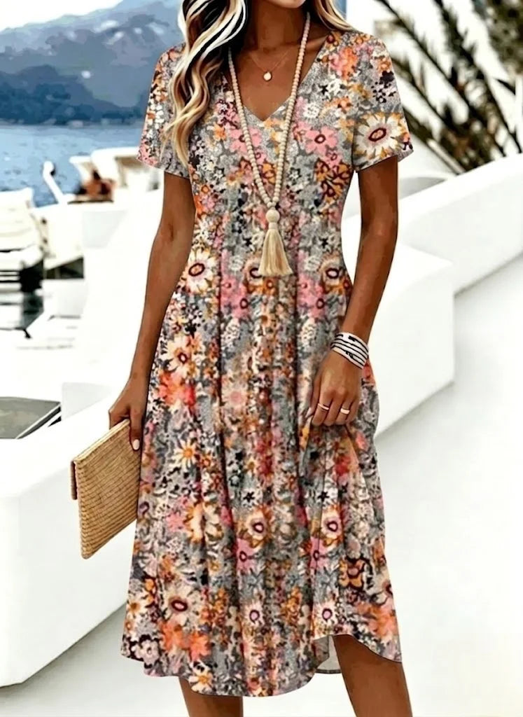 Boho Floral Print V Neck Short Sleeve Regular Fit A-Line Polyester Midi Dress