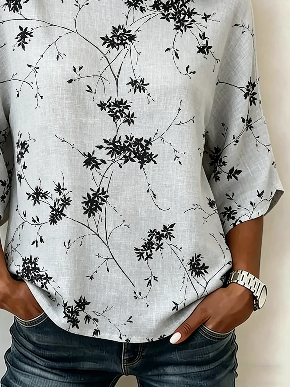 Botanical Leaf Print Crew Neck Half Sleeve Loose A-Line Linen Rayon Blend Vintage Blouse