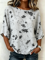 Botanical Leaf Print Crew Neck Half Sleeve Loose A-Line Linen Rayon Blend Vintage Blouse