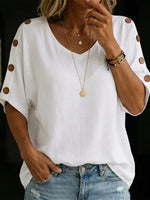 Plain V Neck Short Sleeve Side Wooden Button Loose H-Line Polyester Spandex Summer Casual Top