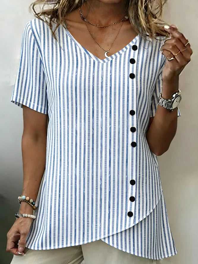 Vertical Stripe V Neck Short Sleeve Loose H-Line Linen Rayon Blend Elegant Vintage Blouse
