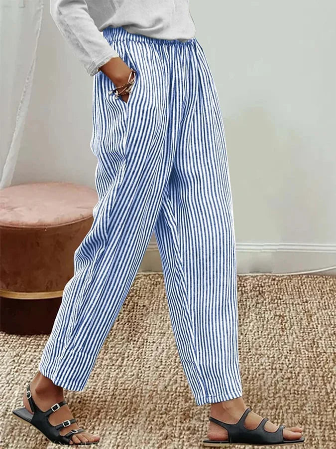 Vertical Stripe Natural Waist Loose H-Line Baggy Long Polyester Casual Pants