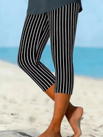 Vertical Stripe Natural Elastic Waist Regular Fit H-Line Capri Rayon Casual Leggings