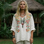 Women Floral Print V Neck Long Sleeve Cotton Linen Blend Loose Casual Mid-Length blouse
