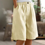 Women Elastic Waist Solid Color Mid-Thigh Linen Casual Comfort Bermuda Shorts With Side Pockets